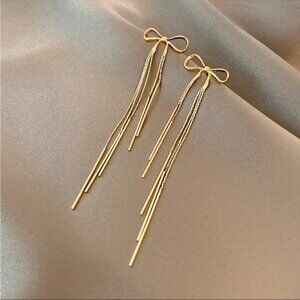 “Sweet Intentions” Gold Bow Dainty Delicate Tassel Sterling Silver Stud Earrings